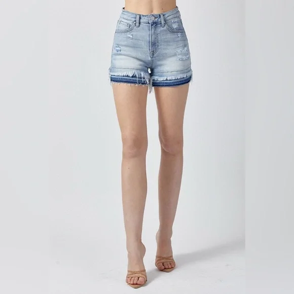 High Rise Patched Hem Denim Shorts - Risen - Picture 2 of 5